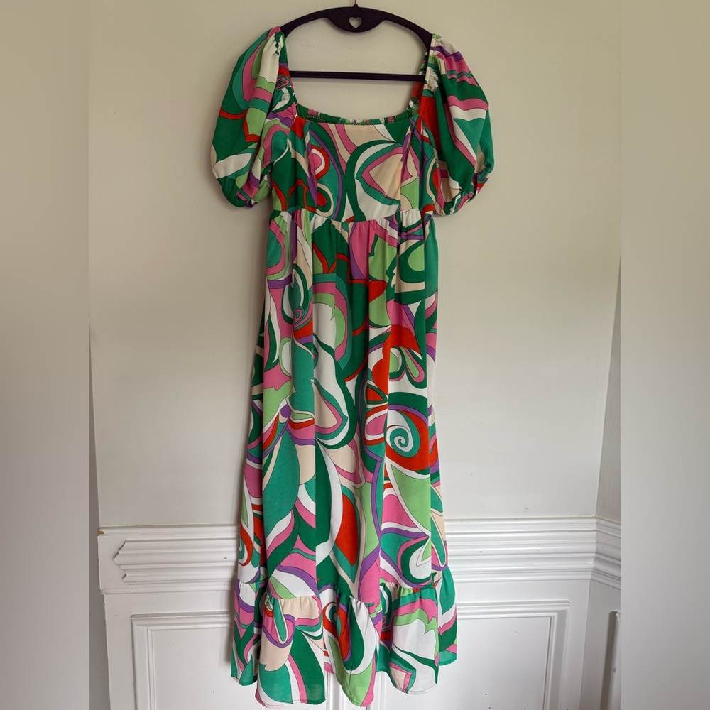 TCEC Vibrant Green and Pink Maxi Dress
